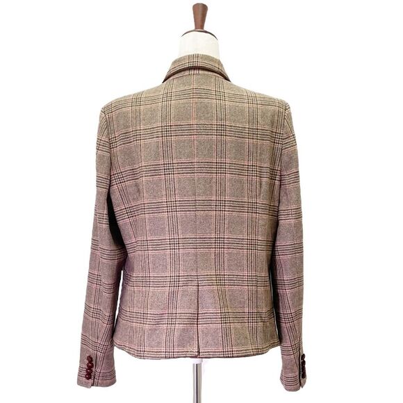 Lands End Glen Plaid Single Button Blazer Tan & Brown Leather Buttons Size 16 - Picture 4 of 15